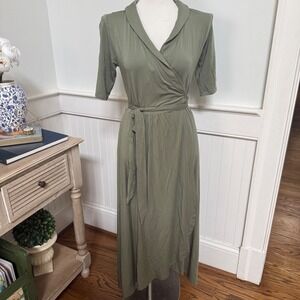Quince Tencel Jersey Shawl Collar Wrap Dress Olive Green Small LB42713